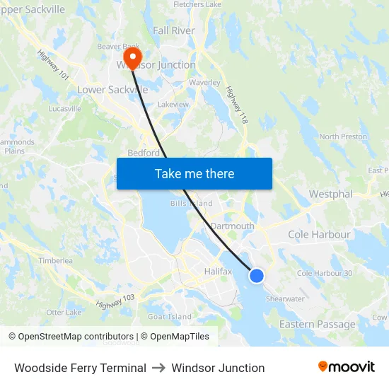 Woodside Ferry Terminal to Windsor Junction map
