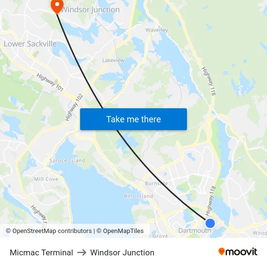 Micmac Terminal to Windsor Junction map