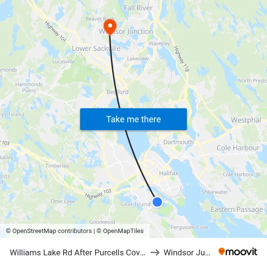 Williams Lake Rd After Purcells Cove Rd (2156) to Windsor Junction map