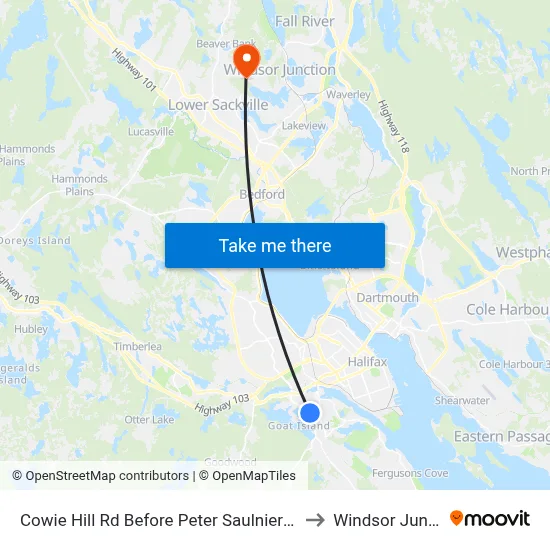 Cowie Hill Rd Before Peter Saulnier Dr (2206) to Windsor Junction map