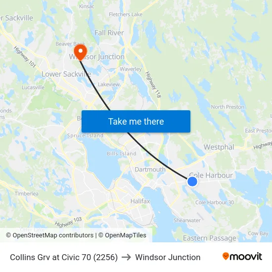 Collins Grv at Civic 70 (2256) to Windsor Junction map