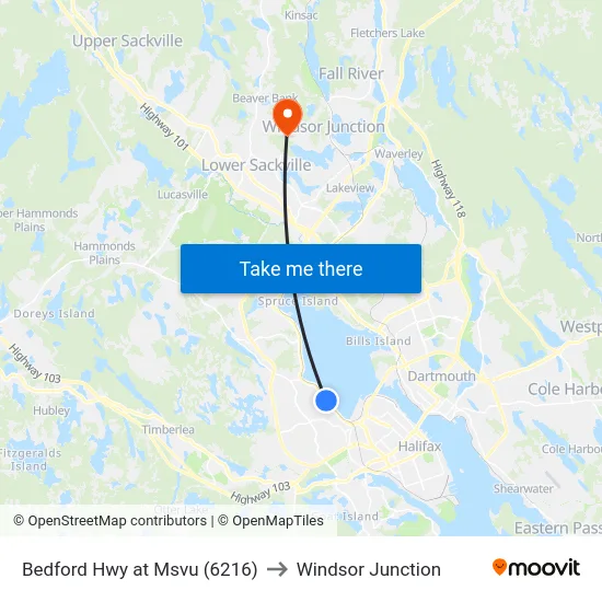 Bedford Hwy at Msvu (6216) to Windsor Junction map