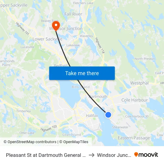Pleasant St at Dartmouth General (7481) to Windsor Junction map