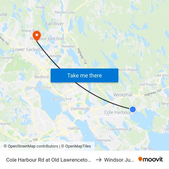 Cole Harbour Rd at Old Lawrencetown Rd (8938) to Windsor Junction map