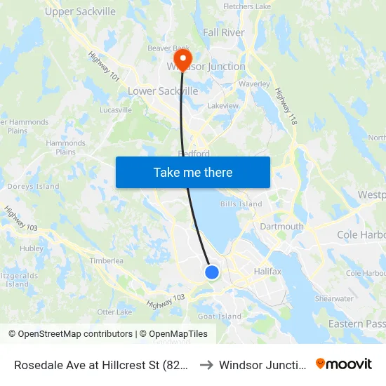 Rosedale Ave at Hillcrest St (8250) to Windsor Junction map