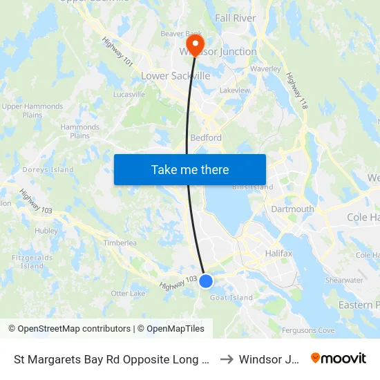 St Margarets Bay Rd Opposite Long Lake Park (8653) to Windsor Junction map