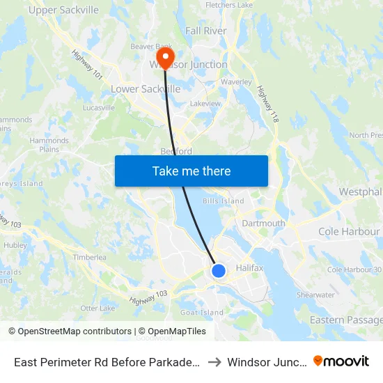 East Perimeter Rd Before Parkade (6620) to Windsor Junction map