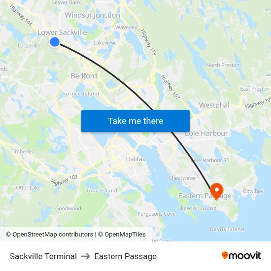 Sackville Terminal to Eastern Passage map