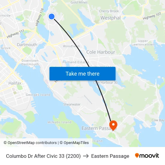 Columbo Dr After Civic 33 (2200) to Eastern Passage map