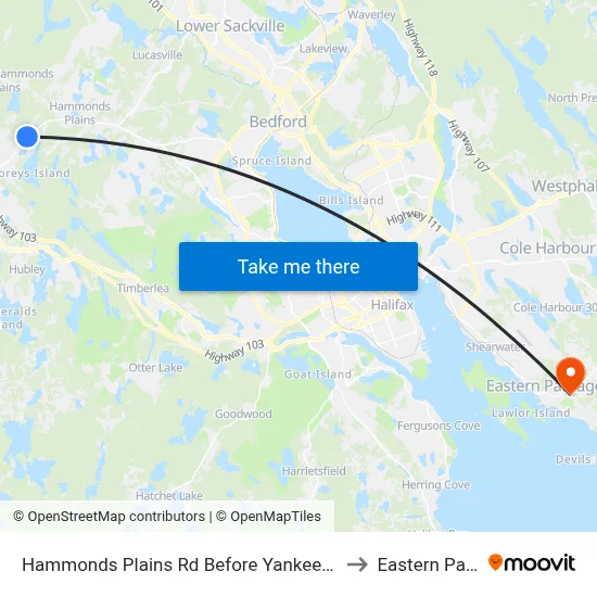 Hammonds Plains Rd Before Yankeetown Rd (6802) to Eastern Passage map