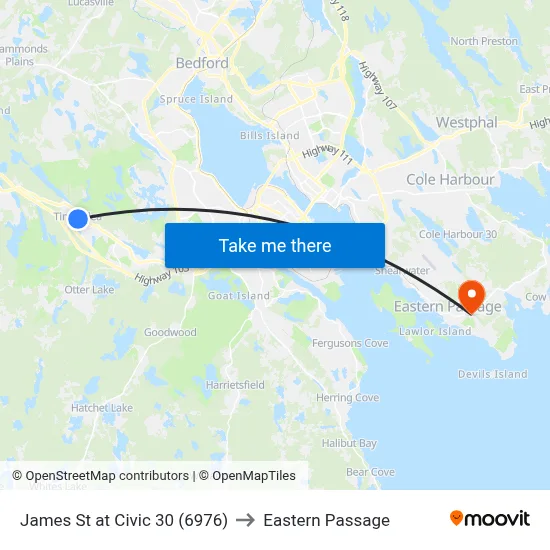 James St at Civic 30 (6976) to Eastern Passage map