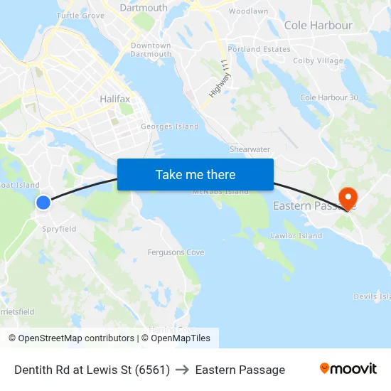 Dentith Rd at Lewis St (6561) to Eastern Passage map