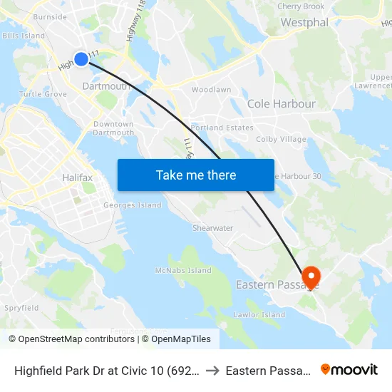 Highfield Park Dr at Civic 10 (6925) to Eastern Passage map