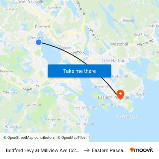 Bedford Hwy at Millview Ave (6258) to Eastern Passage map
