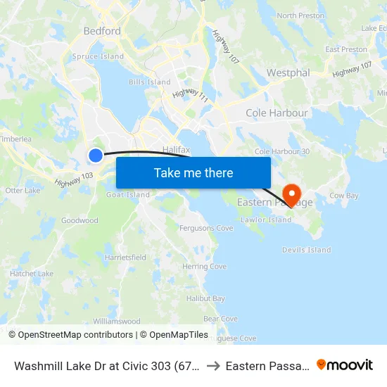 Washmill Lake Dr at Civic 303 (6717) to Eastern Passage map