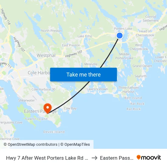 Hwy 7 After West Porters Lake Rd (8784) to Eastern Passage map