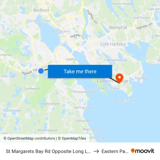 St Margarets Bay Rd Opposite Long Lake Park (8653) to Eastern Passage map