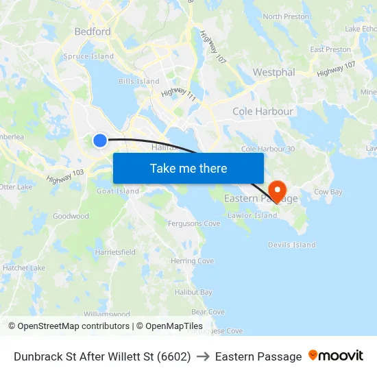 Dunbrack St After Willett St (6602) to Eastern Passage map