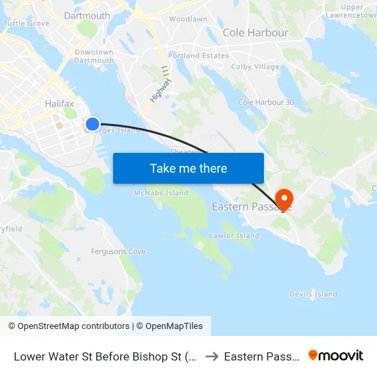 Lower Water St Before Bishop St (8819) to Eastern Passage map