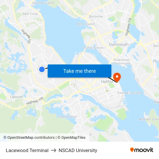 Lacewood Terminal to NSCAD University map