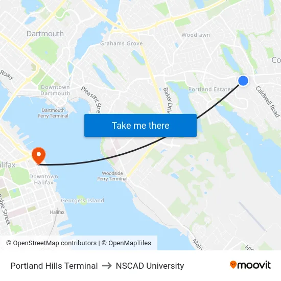 Portland Hills Terminal to NSCAD University map