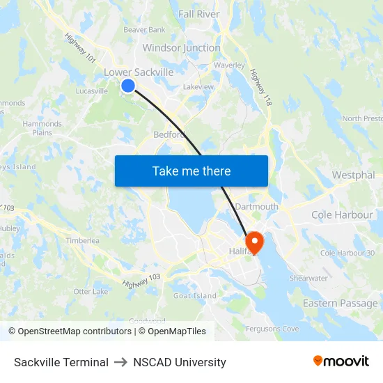 Sackville Terminal to NSCAD University map
