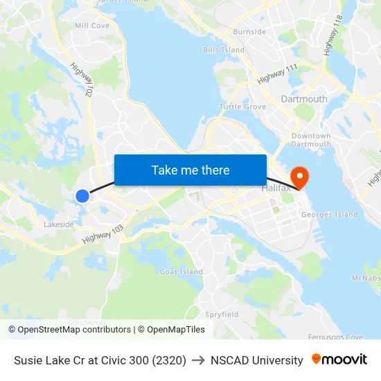 Susie Lake Cr at Civic 300 (2320) to NSCAD University map