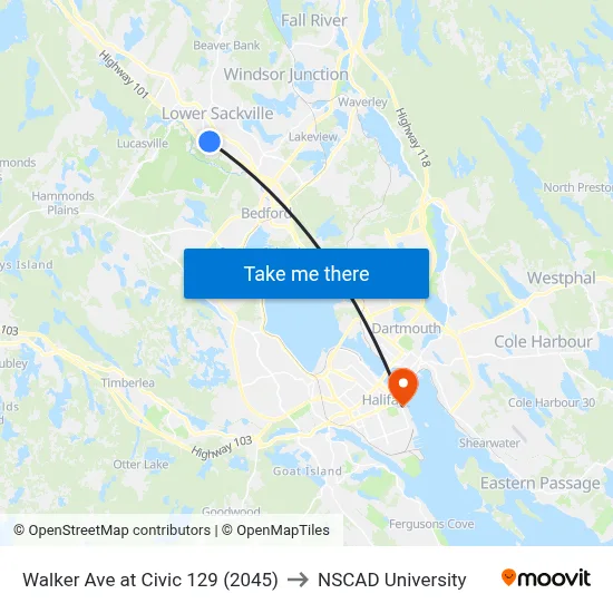 Walker Ave at Civic 129 (2045) to NSCAD University map