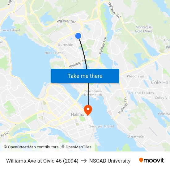 Williams Ave at Civic 46 (2094) to NSCAD University map