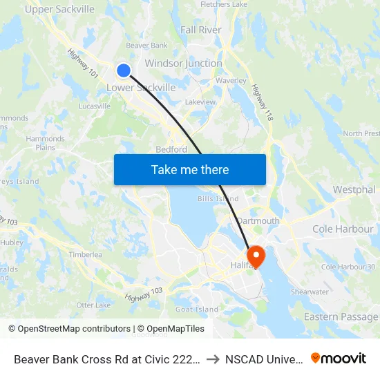 Beaver Bank Cross Rd at Civic 222 (2118) to NSCAD University map