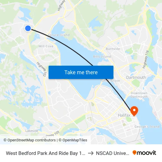 West Bedford Park And Ride Bay 1 (2234) to NSCAD University map