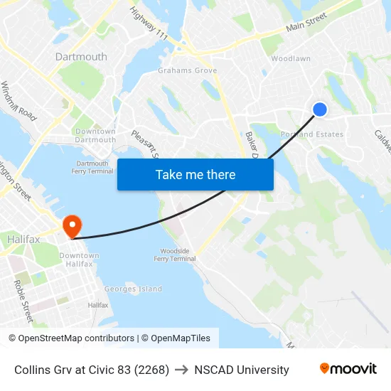 Collins Grv at Civic 83 (2268) to NSCAD University map