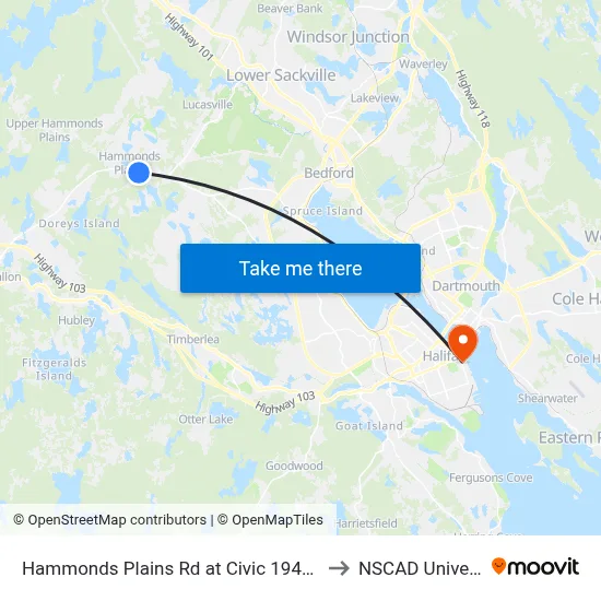 Hammonds Plains Rd at Civic 1948 (2276) to NSCAD University map