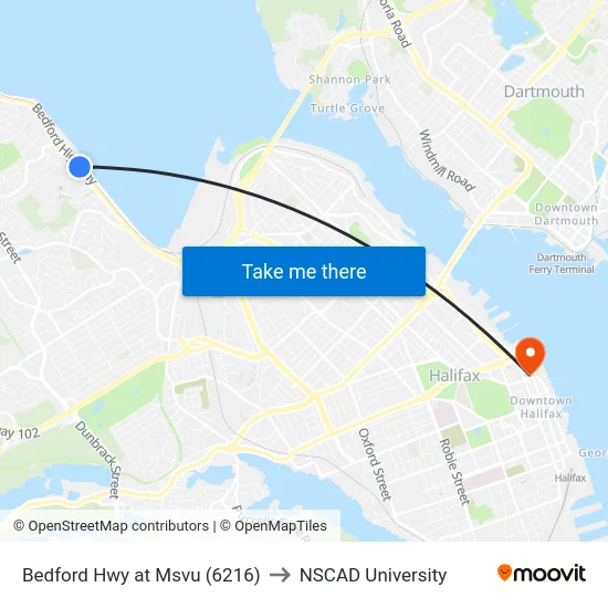 Bedford Hwy at Msvu (6216) to NSCAD University map
