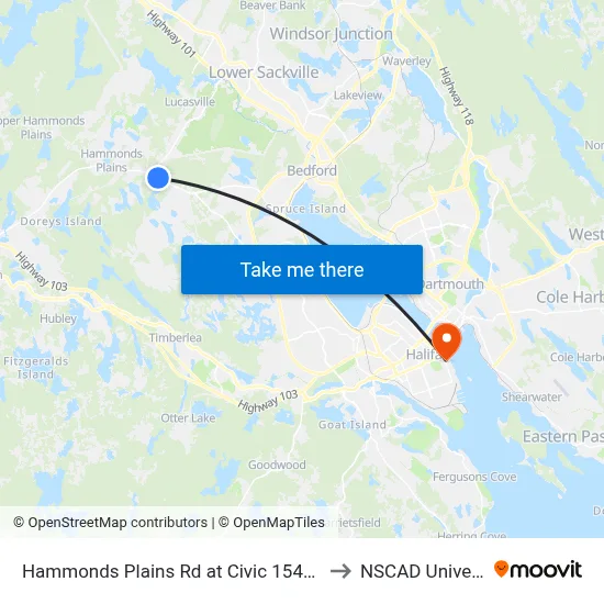 Hammonds Plains Rd at Civic 1541 (6819) to NSCAD University map