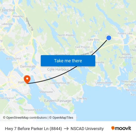 Hwy 7 Before Parker Ln (8844) to NSCAD University map