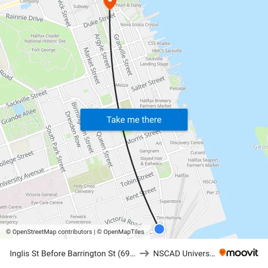 Inglis St Before Barrington St (6963) to NSCAD University map