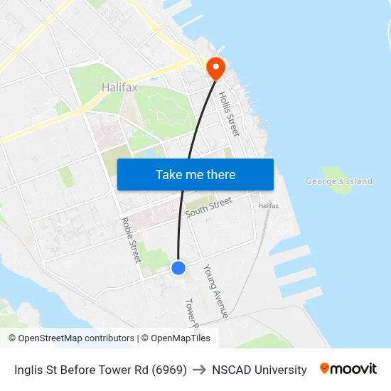 Inglis St Before Tower Rd (6969) to NSCAD University map