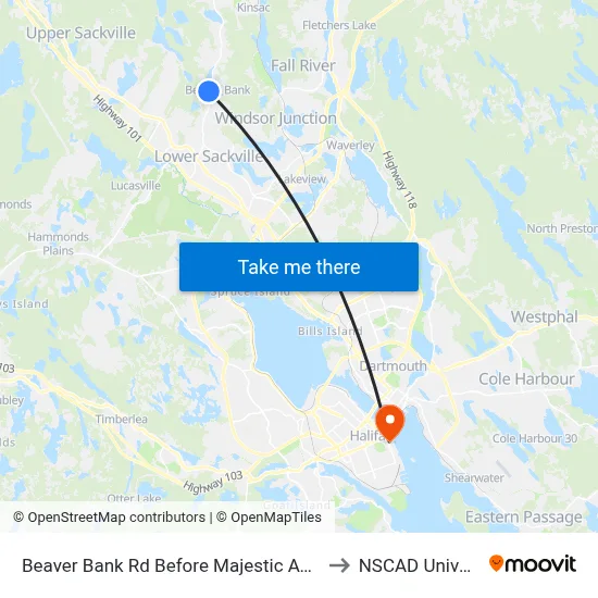 Beaver Bank Rd Before Majestic Ave (8714) to NSCAD University map