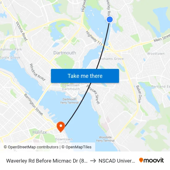 Waverley Rd Before Micmac Dr (8448) to NSCAD University map