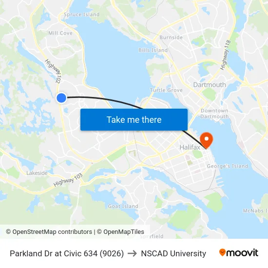 Parkland Dr at Civic 634 (9026) to NSCAD University map
