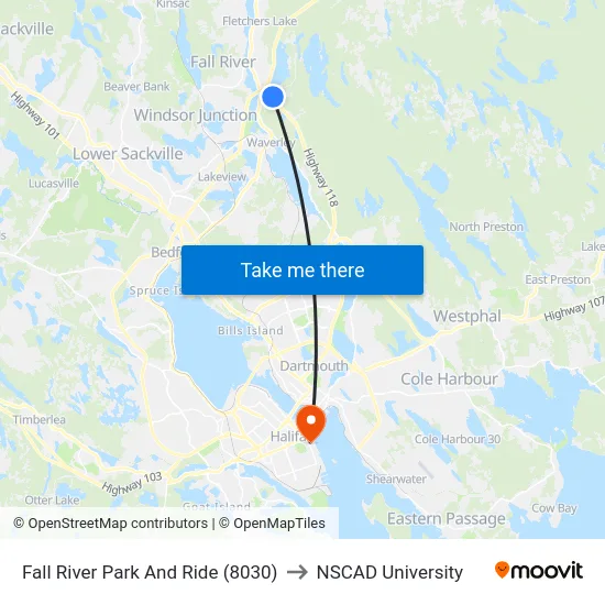 Fall River Park And Ride (8030) to NSCAD University map