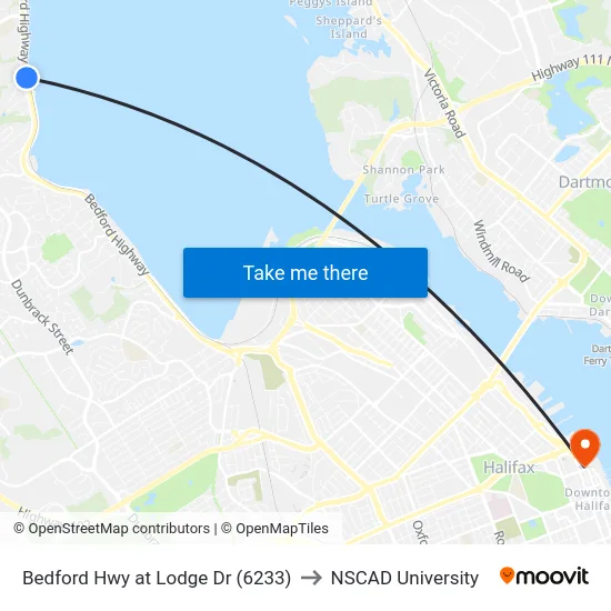Bedford Hwy at Lodge Dr (6233) to NSCAD University map