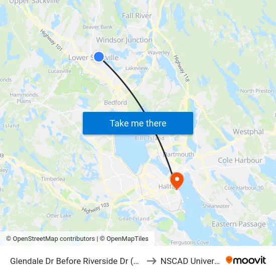 Glendale Dr Before Riverside Dr (6757) to NSCAD University map