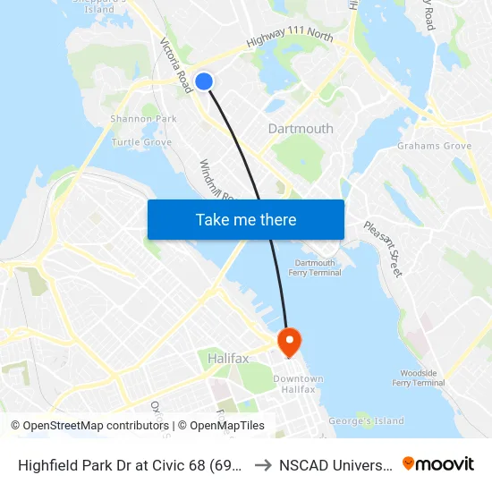 Highfield Park Dr at Civic 68 (6926) to NSCAD University map