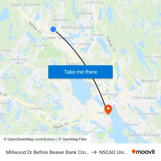 Millwood Dr Before Beaver Bank Cross Rd (7228) to NSCAD University map