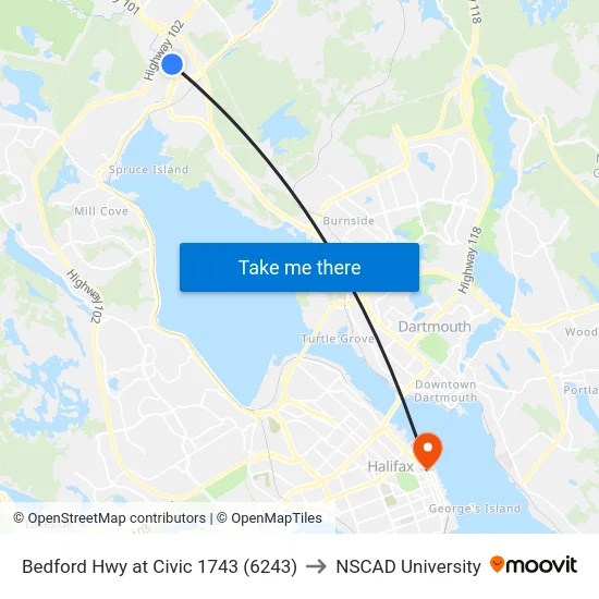 Bedford Hwy at Civic 1743 (6243) to NSCAD University map