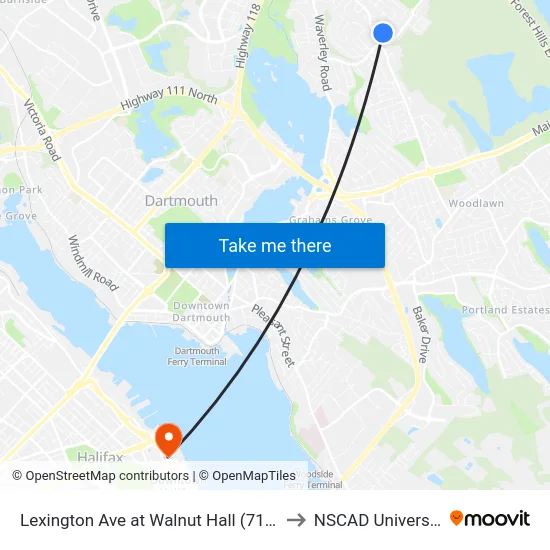 Lexington Ave at Walnut Hall (7146) to NSCAD University map