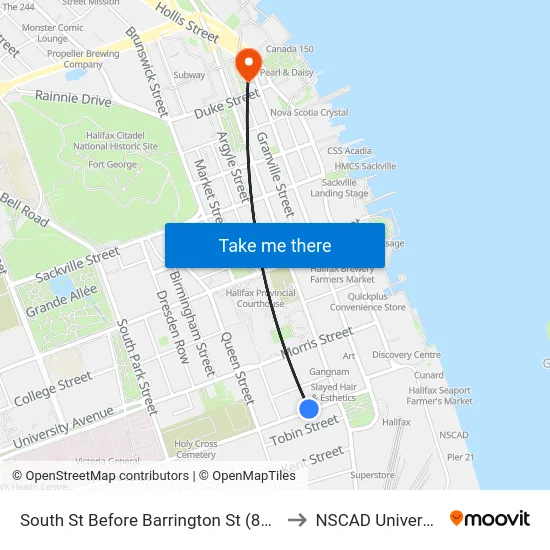 South St Before Barrington St (8293) to NSCAD University map