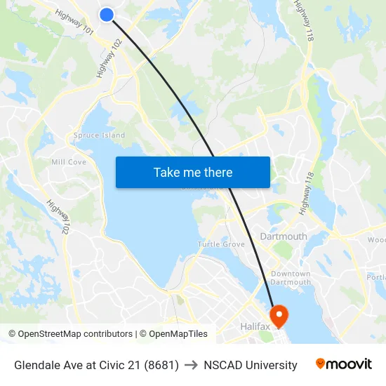 Glendale Ave at Civic 21 (8681) to NSCAD University map